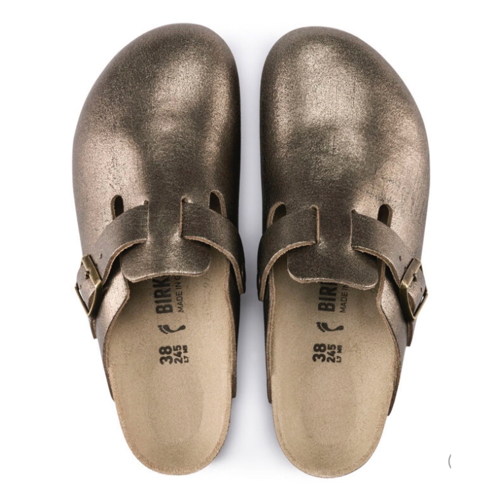 Birkenstock Boston Washed Metallic Antique Gold Leather Slip On Clog